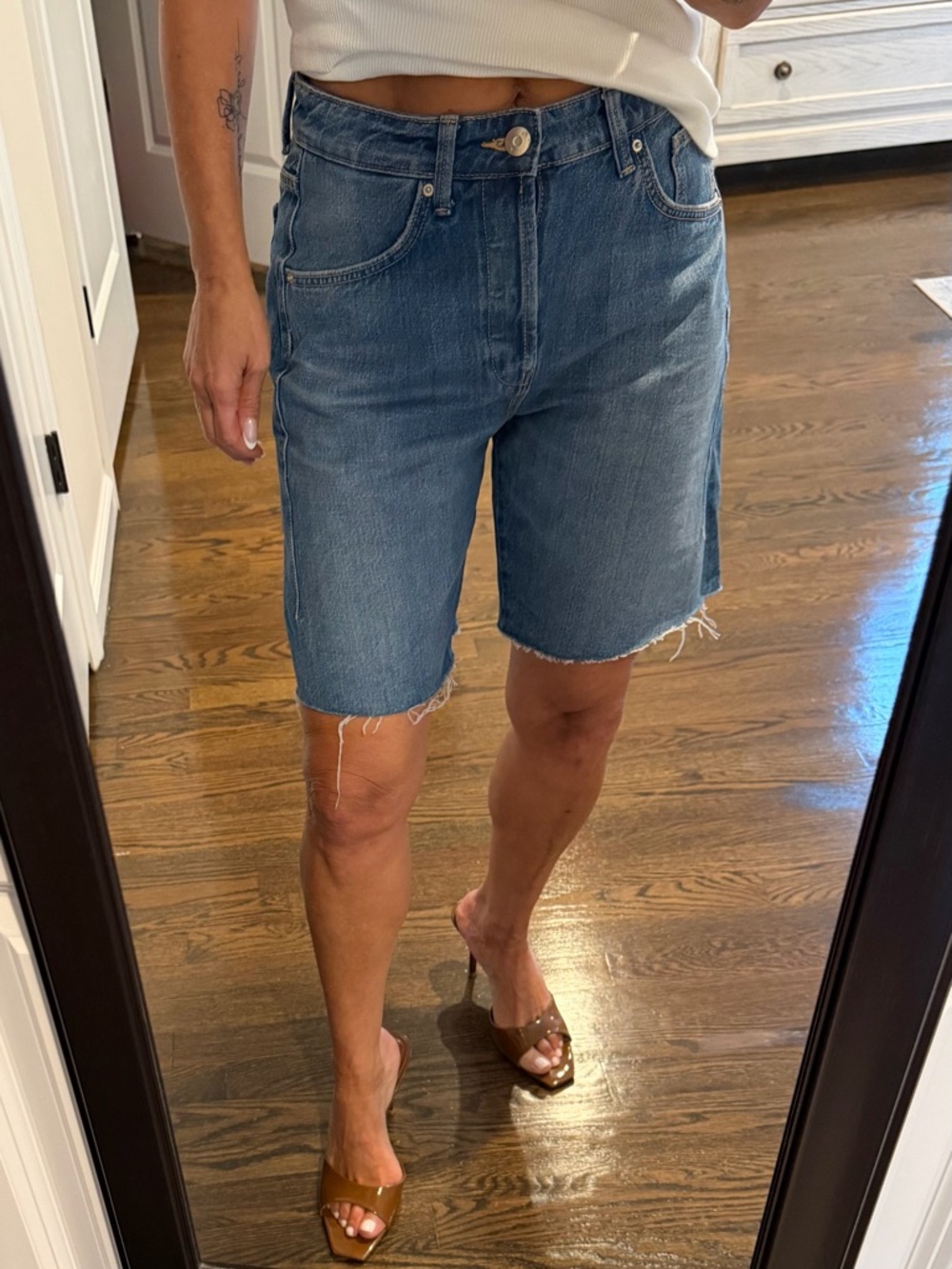 Zara High-Rise Mid-Length Denim Bermudas in Blue